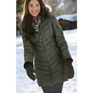 Eddie Bauer • Sun Valley Down Parka green puffer quilted hood faux fur trim 650